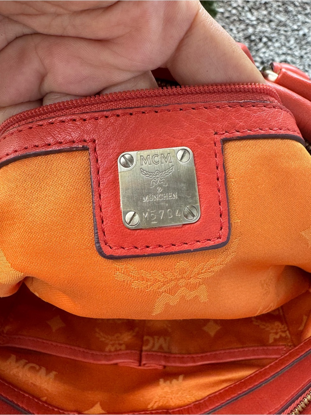MCM Coral Red Embossed Leather Satchel Shoulder Bag Crossbody - Picture 10 of 12
